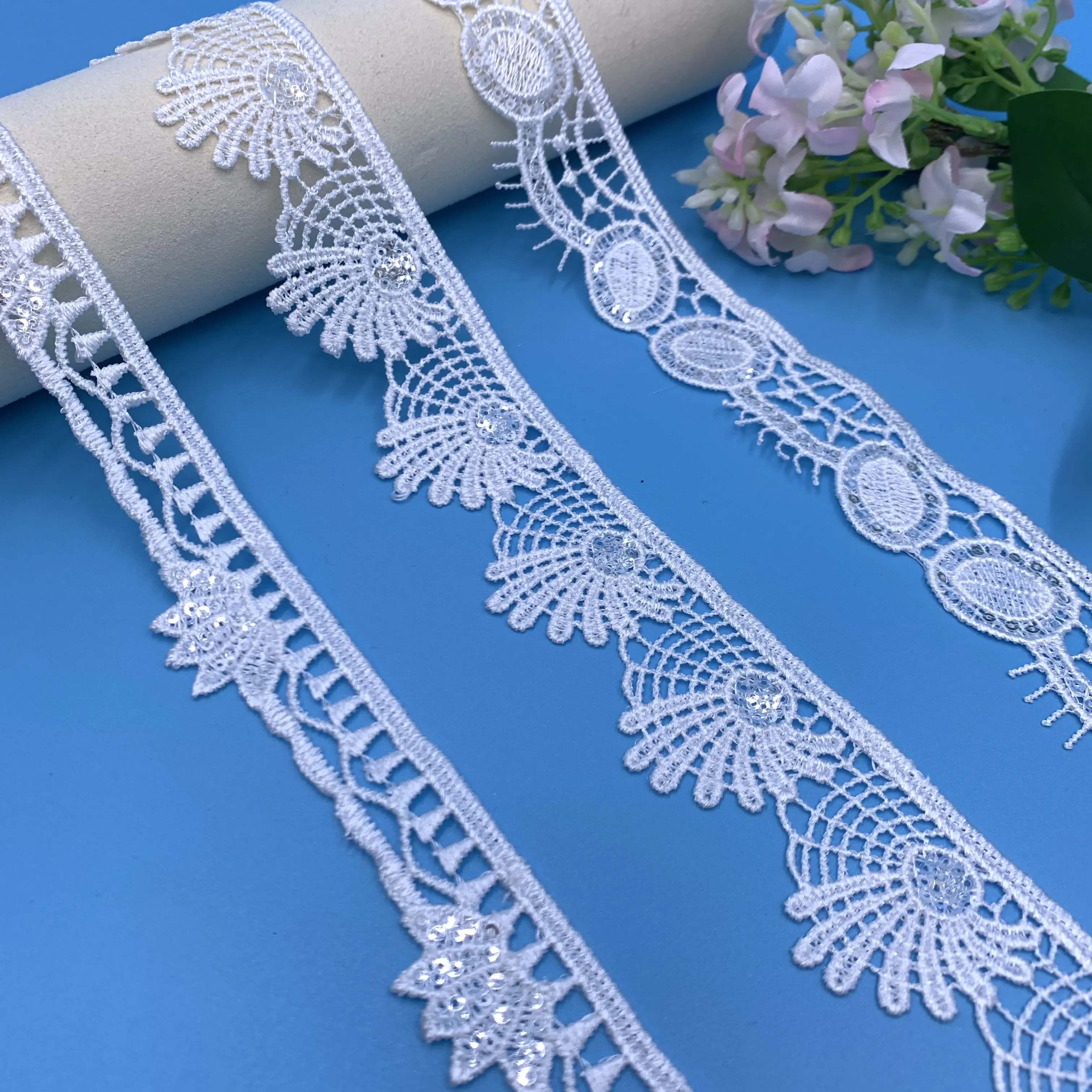 New Design Latest Pakistani Mesh Lace Fabric White Renda Sequin Water Soluble Embroidery Lace Fabric Trim