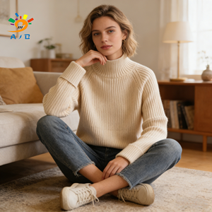 Venta al por mayor de fábrica: Suéter de punto AJB para <span class=keywords><strong>mujer</strong></span>, largo, de color liso, holgado, con <span class=keywords><strong>cuello</strong></span> <span class=keywords><strong>alto</strong></span>, mezcla de lana/acrílico - Product Image 1