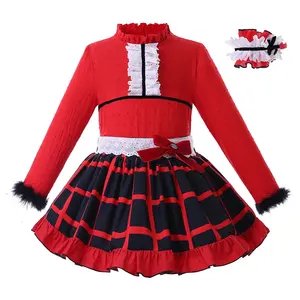 2023 OEM Pettigirl Red Outono Meninas Vestuário Plaid Dress Long Sleeve Kids Clothing Stores Atacado