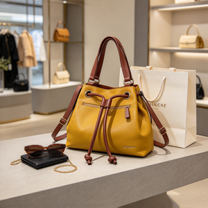 Bolso de mano tipo cubo con cordón para mujer, de piel sintética suave, con asa superior en color contrastante y correa de hombro extraíble - Product Image 5
