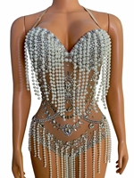 Combinaison sexy à col en V pour soirée en boîte de nuit, perles, franges, justaucorps pour femmes, combinaison à strass, tenue de festival, vêtements de danseuse gogo