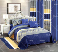 Ensemble de chambre à coucher de luxe bleu de haute qualité en gros avec rideaux, couvre-lit, tapis, caractéristiques rafraîchissantes et pliables, literie tendance en bleu