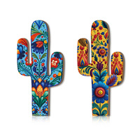 Panneau en bois antique en forme de cactus, plaque à motif de carreaux mexicains pour décoration intérieure, plaque décorative murale en bois avec boîte à souvenirs