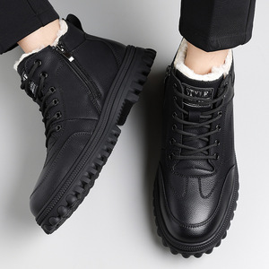 Bottes d'hiver pour hommes, hauteur cheville, bout rond, en cuir croûte, doublure en peluche, semelle extérieure en caoutchouc antidérapante, chaudes, pour l'extérieur - Product Image 4