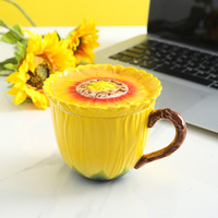 Tasse à café en céramique de conception de tournesol en émail tasse avec couvercle cuillère tasse à thé en porcelaine femmes cadeau de fleur jaune