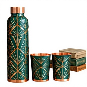 Ayurvedic Copper <b>Water</b> <b>Bottle</b> with Green Art Deco Design Portable Drinkware for Travel Modern Style <b>Metal</b> Flask - Product Image 1