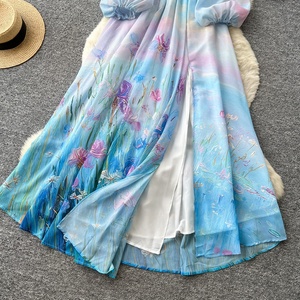 Abito Monospalla Stampato da Donna, Maniche a Lanterna, Vita Stretta, Gonna Lunga a Trapezio, Stile Vacanza, Primavera e Autunno - Product Image 3