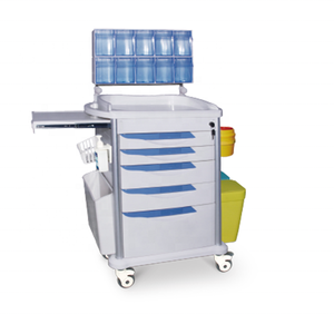 Chariot médical multifonctionnel de couleur bleue pour hôpital, chariot d'urgence avec boîtes d'anesthésie et poubelle - Product Image 1