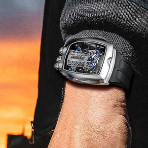 Orologio Meccanico con Quadrante Grande, Design Ispirato ai Motori, Movimento Automatico, Cassa in Acciaio Inossidabile, Nero Blu, Resistente all'Acqua - Product Image 3