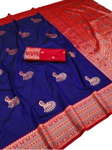 Royal Blue Silk Saree With <b>Red</b> Border And Peacock Embroidery Design Saree with <b>Blouse</b> Material For Wedding And Festival Wear - Product Image 2