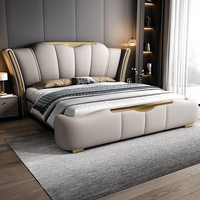Lit King-size en chêne massif de style italien, luxe léger, avec cadre en bois massif, sommier à tiroirs hauts et revêtement en cuir, rangement pressurisé