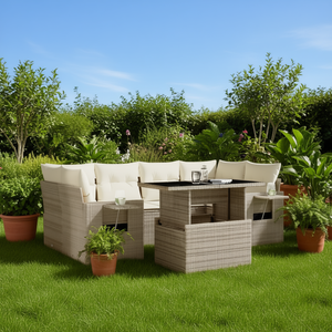 Conjunto de Sofá de Jardín con Mesa, Muebles de Ratán para Exteriores, Contemporáneo, 6 Plazas, Beige - Product Image 2