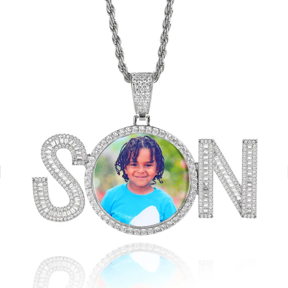 Hip Hop Jewelry Iced Out CZ Cubic Zirconia Letters SON Picture Pendant Custom Son Memory Photo Pendant Necklace