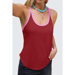 Camiseta sin mangas deportiva para mujer, espalda cruzada, roja con ribete rosa, transpirable, de punto, elastano y poliéster, para verano, ajuste holgado, bajo curvo - Product Image 6