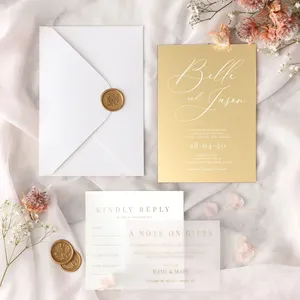 Cartão de convite de casamento acrílico, impressão personalizada 5*7 polegadas espelho de ouro com envelope e selo de cera