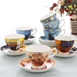 Tasse à thé et soucoupe en porcelaine fine à pied, design créatif de peinture Van Gogh - Product Image 2