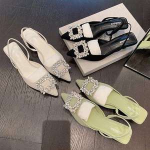 Women's <b>Pointed</b> Toe Heels Crystal Buckle Heeled Shoes Fashion Rhinestone Slingbacks Short Heel Sandals - Product Image 1