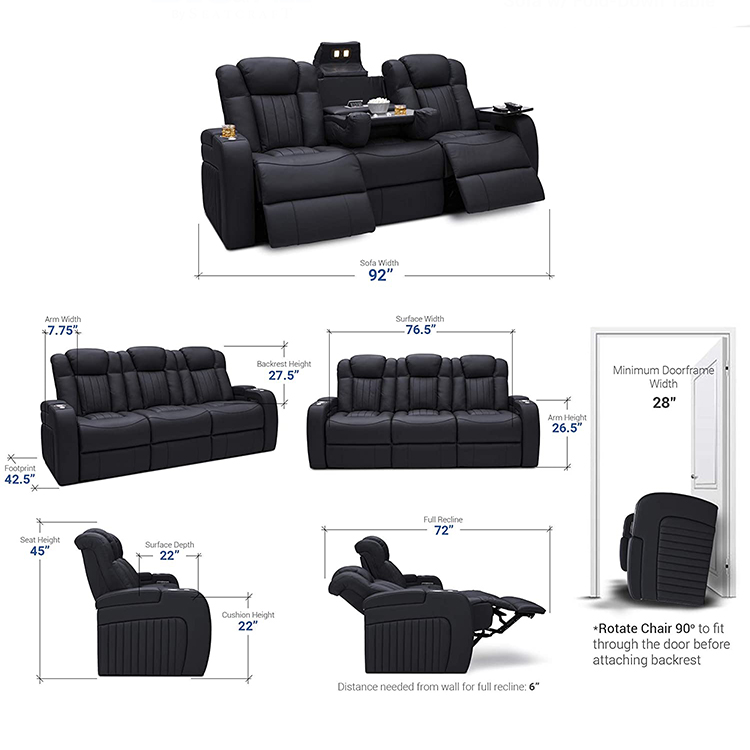 Wholesale Project 3 Seat Adjustable USB Charger Leather Recliner Sofa Home Theater Furniture with Blu-etooth for VIP Movie Room
