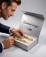 Boîte cadeau personnalisée avec logo, fermeture magnétique argentée, impression sur le couvercle intérieur et motif flocon de neige en ligne noire pour emballage de vente au détail