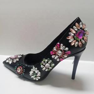 Colorful Rhinestones Thin Heels Women Dress Shoes Chic High-heeled <b>Pumps</b> Pointy Toe Mixed Flower Diamonds Stiletto - Product Image 1