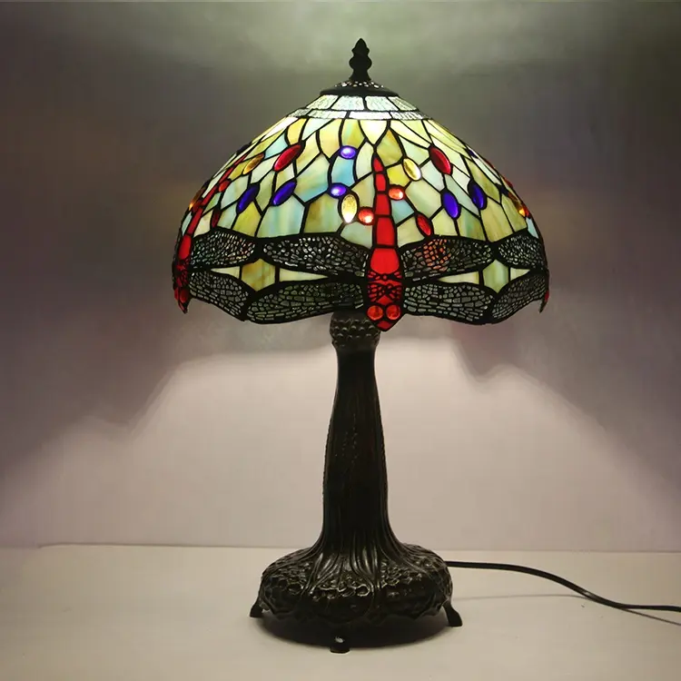 Абажур LongHuiJing в викторианском стиле Тиффани, 1 светильник, настольная лампа с витражным стеклом и рисунком стрекозы