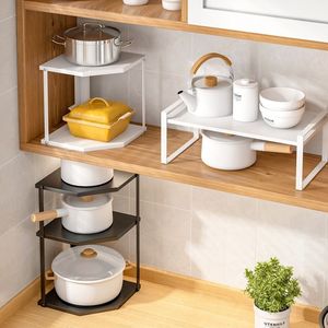 Étagère d'angle de cuisine à 2 niveaux en métal pour rangement sous évier, organisateur multifonctionnel pour cuisine - Product Image 3