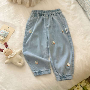 TongXingYuan Girls' Summer Pants Sky Blue Cotton Casual Cropped Pants With Rabbit Patches For Children - Product Image 4