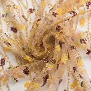 Tela de encaje bordado de tul de malla de alta calidad, delicado, de lujo, oro amarillo, lentejuelas botánicas y cuentas blancas
