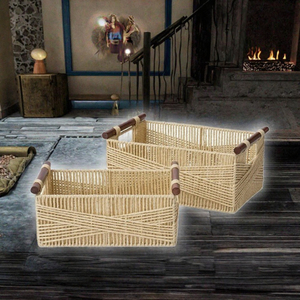 Eco Friendly Rustic Paper Rope Multifunction Storage <b>Basket</b> Set Rectangle Wicker Organizer <b>Wood</b> Handles for Counter Bathroom - Product Image 2