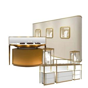 Ensemble de mobilier de présentation complet en acier inoxydable or rose sur mesure, présentoir mural pour sacs à <span class=keywords><strong>main</strong></span> + vitrine à bijoux en verre - Product Image 6