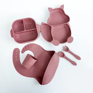 6 Stuks Set Baby Dining Siliconen Kom Lepel Plaat Slabbetjes Sterke Sucker Voeden Set Servies Kinderen Servies