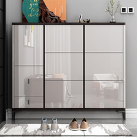 Meuble à chaussures moderne et durable en bois fin laqué brillant, avec rangement ouvert, gain de place, pour entrée, panneau multi-portes, pour hall d'entrée domestique