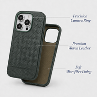 Étui de téléphone en cuir PU tressé de luxe, motif tressé artisanal, doublure en microfibre, anneau de protection de précision pour appareil photo, antichoc, fabrication OEM