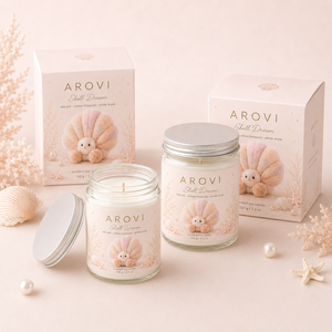Arovi - Vela Aromática de Cera de Soya con Aroma a Conchas Marinas, 150g, con Tapa de Lata Plateada y Caja de Regalo Personalizada para Spa y Fragancia del Hogar - Product Image 1