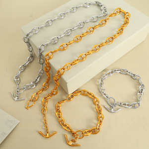 Cuban Chain Anchor Necklace And <b>Bracelet</b> <b>Set</b> Zinc Alloy Unisex Party Fashion Jewelry <b>Set</b> - Product Image 1