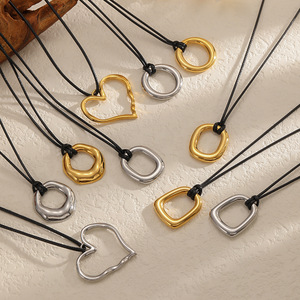 Collar con Colgante de Corazón en Forma de O de Acero Inoxidable, Unisex, Cadena Larga de Cuerda Encerada, Joyería de Moda, Diseño Geométrico Irregular - Product Image 3