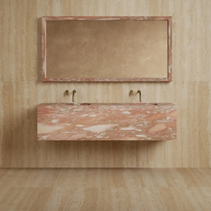 Lavabo da bagno monoblocco in marmo intero, design a incasso profondo con doppio lavabo, tonalità neutra chiaro, moderno, per concetti di bagno open space - Product Image 3