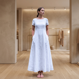Robe midi vintage en lin biologique teint uni, faite à la main pour femme, taille haute, silhouette évasée, manches cloche, poches à nœud, respirante - Product Image 3