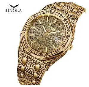 Classic Luxury Brand ONOLA 3812 Watches Men Wrist Waterproof Vintage Engraving Gold Wrist Watches For Men