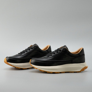 Black Genuine <b>Leather</b> Round Toe <b>Sneakers</b> Lace-up Thick Sole Rubber Outsole EVA Midsole Cushioned All Seasons Casual Shoes - Product Image 4
