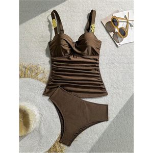 Ensemble tankini femme FOXA à effet métallisé, froncé sur le devant, taille haute, sans manches, séchage rapide, en Spandex et Polyester - Product Image 4