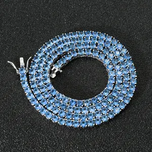 Choker Necklace Hip Hop Necklace Men's Bing Iced Out Sea Blue Cubic Zircon Diamond Rhinestone 4mm Tennis Chain