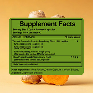 Capsules de curcuma et curcumine en complexe, à succès, avec extrait de poivre noir pour l'équilibre digestif et le soutien articulaire - Product Image 2