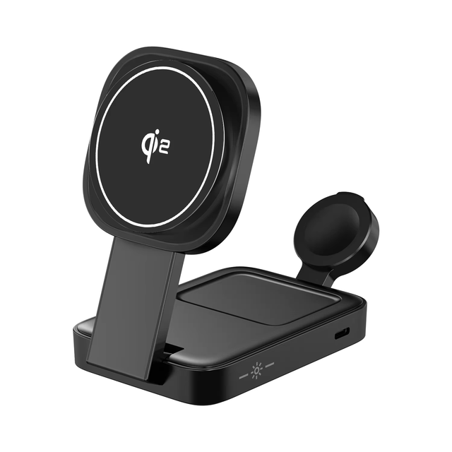 Multifunctional 3-in-1 Foldable Qi2 Magnetic 15W Wireless Charger Smart Charging for Phones Earphones Adjustable Brightness