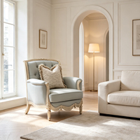 Fauteuil néoclassique du milieu du siècle, structure en bois sculpté, tissu bleu clair, canapé individuel pour hôtel, salon