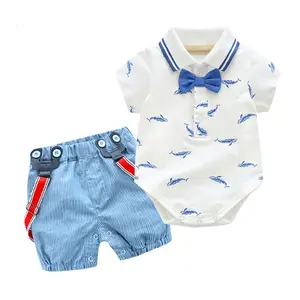 Custom Summer Bow Belt Pants Suit for Newborn Boy Clothes Outfit Suit Cotton Print Baby Boy Romper Set Baby Summer Clothes