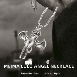 Collier pendentif Fille Chauve-souris en Argent Vieilli, Chaîne à maillons en alliage unisexe, Bijou gothique rétro pour usage quotidien - Product Image 2