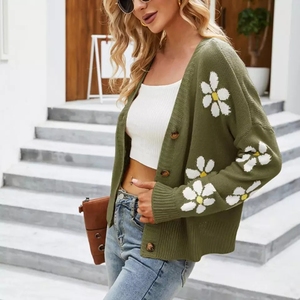 Cardigan pour femme à motif petites marguerites, décontracté, à manches longues, col en V, imprimé floral, en tricot ample, style manteau, avec boutons décoratifs - Product Image 4