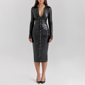 Elegante Abito Midi Nero in Ecopelle a Maniche Lunghe per Donne, Vestito Aderente in Finta Pelle - Product Image 2