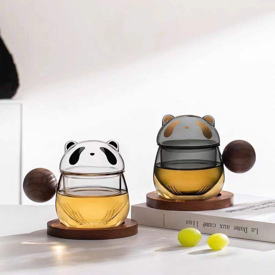 Panda-Shaped Glass Tea Mug Set with Wooden Handle & Coaster, Heat-Resistant for Home Kitchen Drinkware